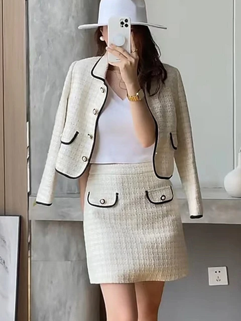 Aliexpress High Quality Autumn Winter Small Fragrance Tweed Two Piece Set Women Lace-Up Bow Jacket Coat + Skirt