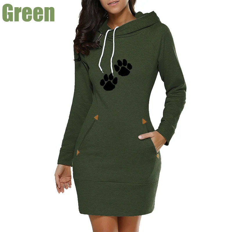 Women's Hoodies Dress Cat Paw Printed Spring Autumn Knee-length Dress Hooded Warm Fashion Casual Pocket Female Sweater Dress