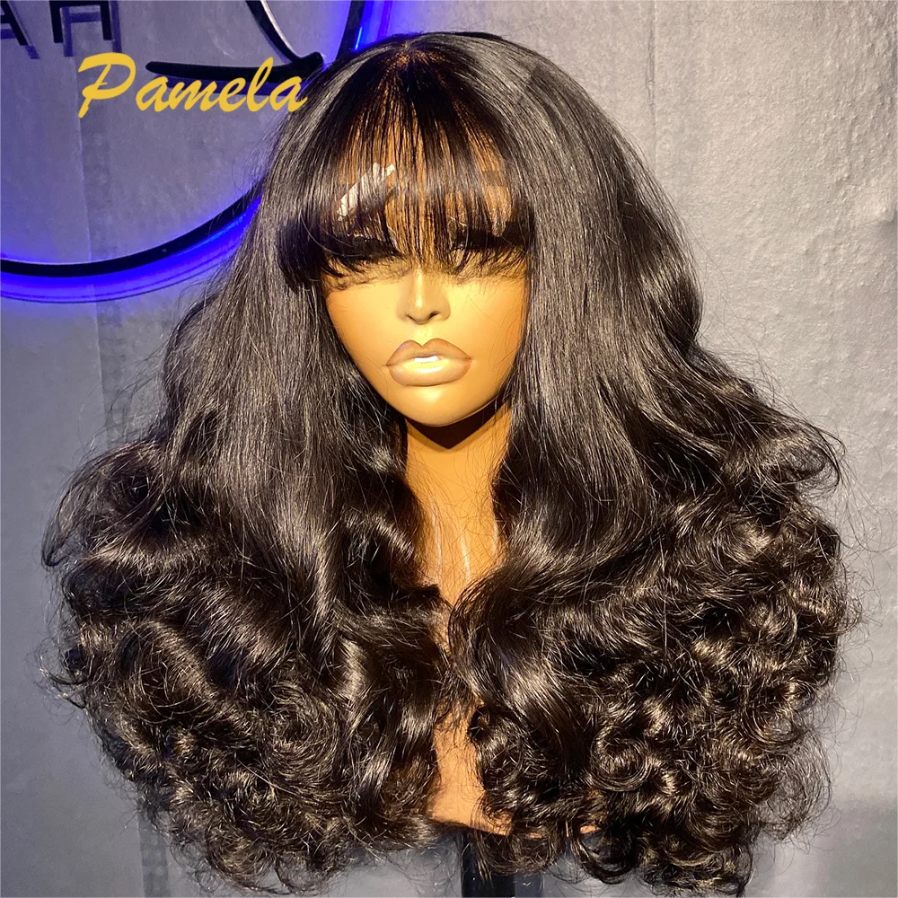 Glueless Super Double Drawn 250% Density Loose Deep Wave With Bangs 4X4 HD Transparent Lace Frontal Human Hair Wigs For Women