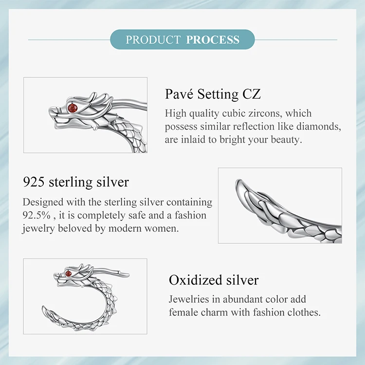 Bamoer Original 925 Sterling Silver Dragon Ear Clip Earrings Cuff Unique White Gold 1PC For Women Party Daily Gift Fine Jewelry