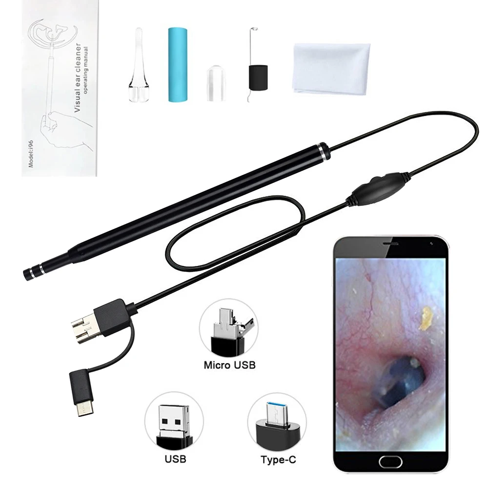 HD 비주얼 귀 내시경, USB 검이경, 귀 왁스 청소 검사, 미니 카메라 귀이개 관리 도구, 안드로이드 휴대폰 PC용, 3 in 1