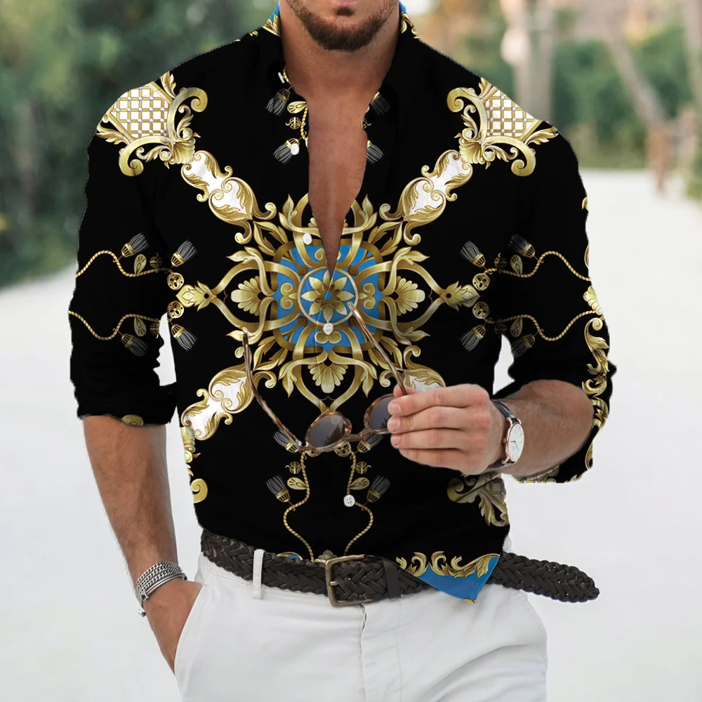 thumbnail image 1 of Camisa de manga larga informal con cuello vuelto y estampado de estilo lujoso para hombre, ropa de calle de moda, tops de tendencia, ropa para hombre, 1 of 5