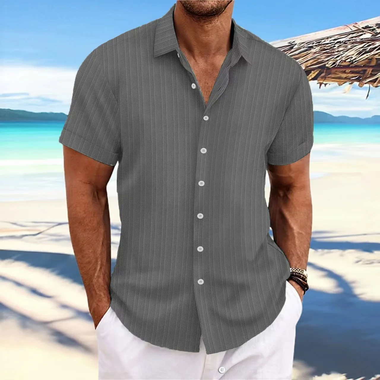 

New Men's Wave Bar Lapel Casual Solid Color Beach Short-sleeved Shirt