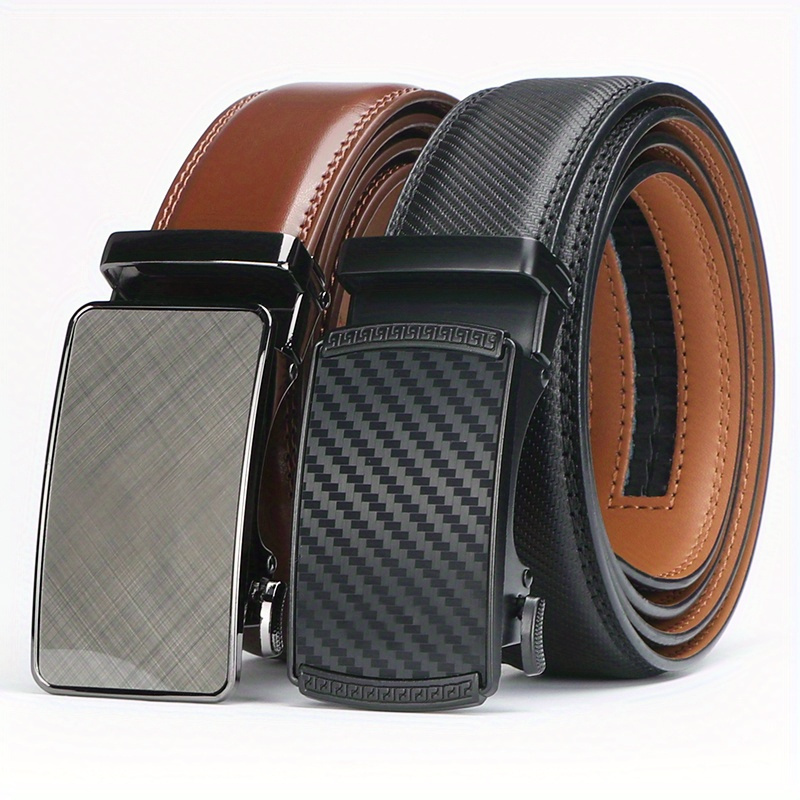 2 Men's Genuine Leather Zipper Belts - Adjustable Automatic Buckle, Multi-functional Casual Business Style, Durable Alloy Buckle