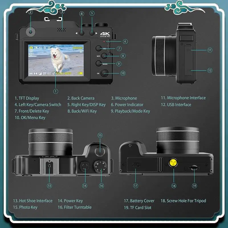 3In IPS Screen Digital Camera HD Digital Camera For Photography, Dual Cam Front And Rear With Autofocus Face Detect