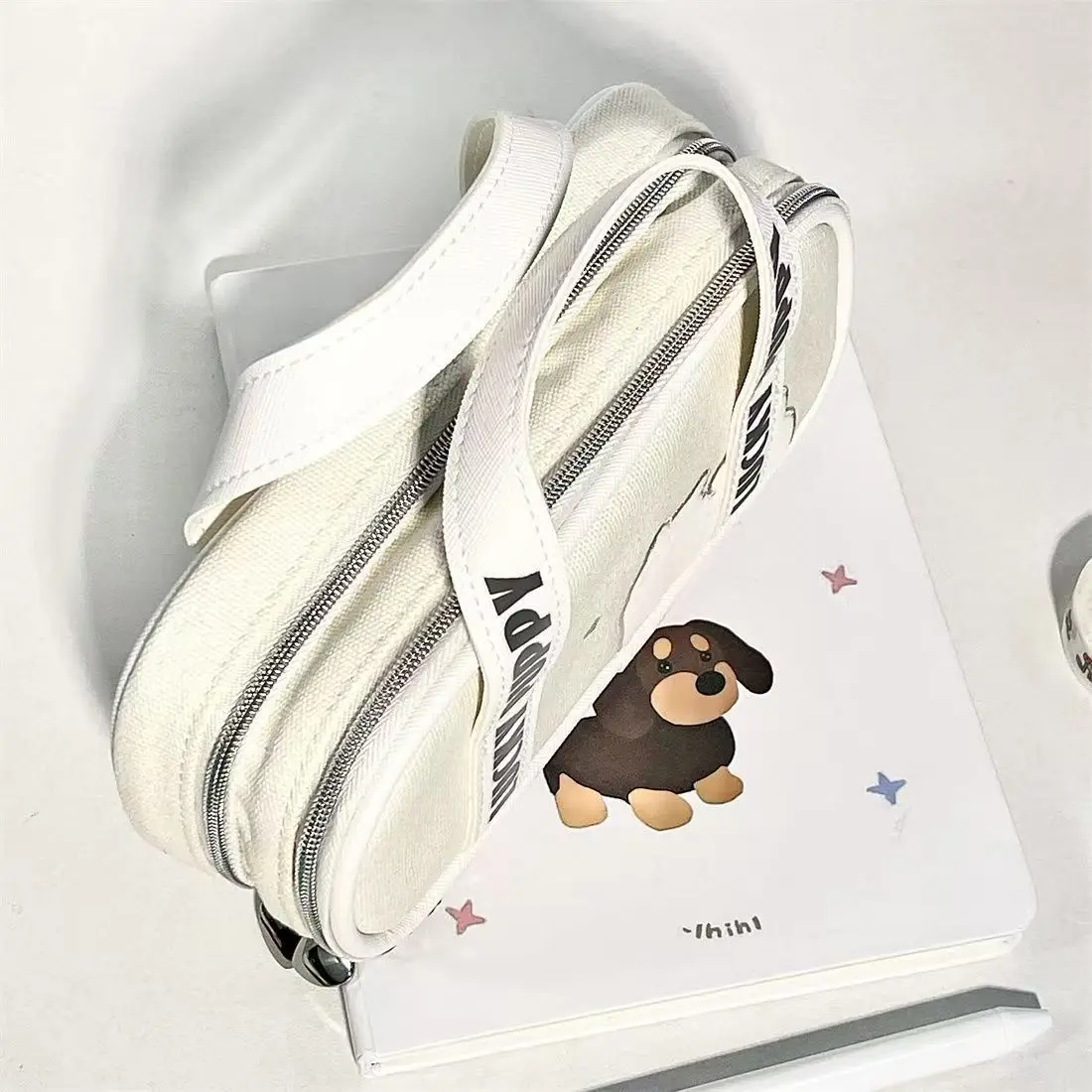 귀여운 심플한 새끼 고양이 연필 케이스, 베이지 컬러 고양이 강아지 연필 파우치, 대용량 문구 보관 가방, 1 개