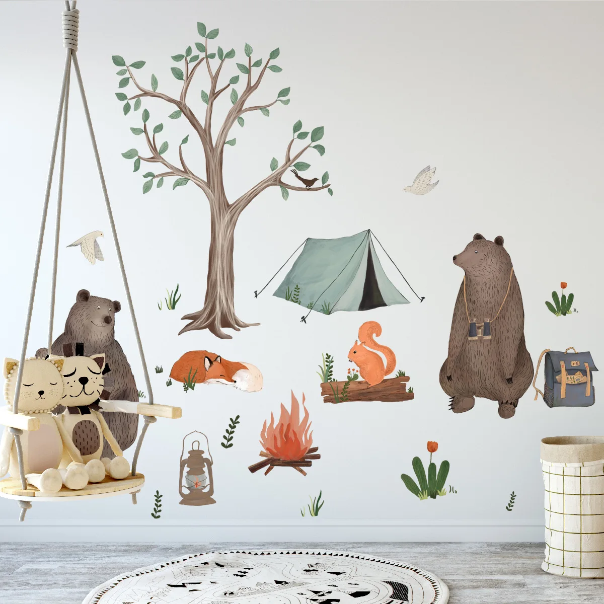 4pcs Hand Painted Tree And Bear Forest Animal Cartoon Wall Sticker Background Wall Decoration Self-adhesive Mural Wall Sticker
