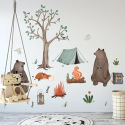 4pcs Hand Painted Tree And Bear Forest Animal Cartoon Wall Sticker Background Wall Decoration Self-adhesive Mural Wall Sticker