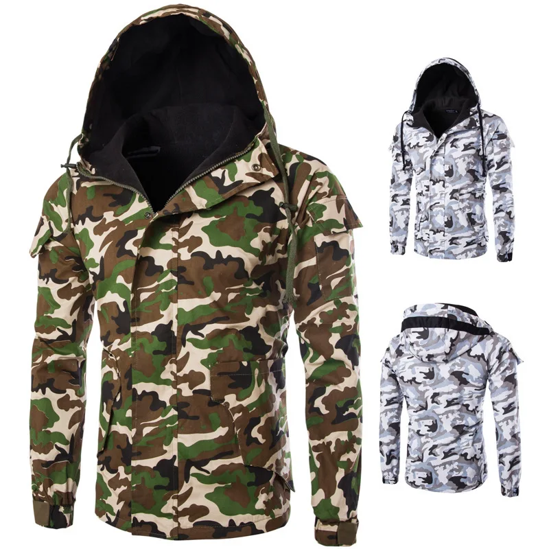 Fleece Jacket Men's Casual Jacket Camouflage Hooded Jacket Camo Slim Coat Men Winter Jacket Multi Pocket Outdoor Clothing велобандана buff windproof camo cash multi 121525 555 10 00