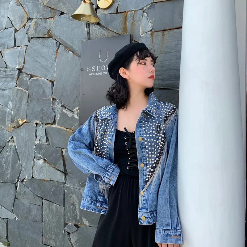 

Black Oversized Rivets Women Denim Jacket With Tassel 2024 Spring Streetwear Vintage Ladies Jeans Jacket Coat Loose Outwear
