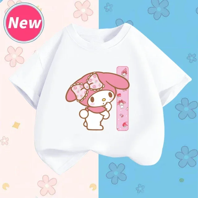 thumbnail image 1 of Camiseta de manga corta para niños con letras de la A a la Z de My Melody Anime, camiseta de algodón de verano para niños de Sanrio, regalo de cumpleaños kawaii suave con forma de corazón para niñas, 1 of 5