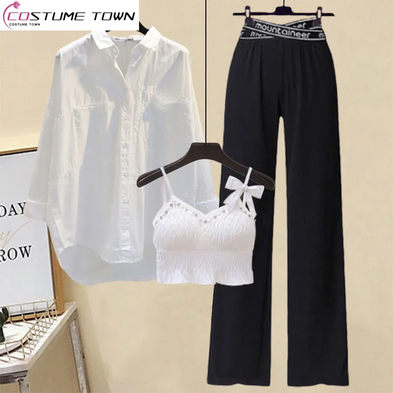 Spring and Summer Suit Women's 2023 New Waist Shrinking Slim Age Reducing Slippery Strap Shirt Wide Leg Pants Three Piece Set