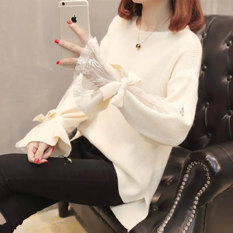 Fashion O-Neck Knitted Spliced Bandage Bow Lace Blouse Female Clothing 2023 Autumn New Casual Pullovers Tops Loose Korean Shirt