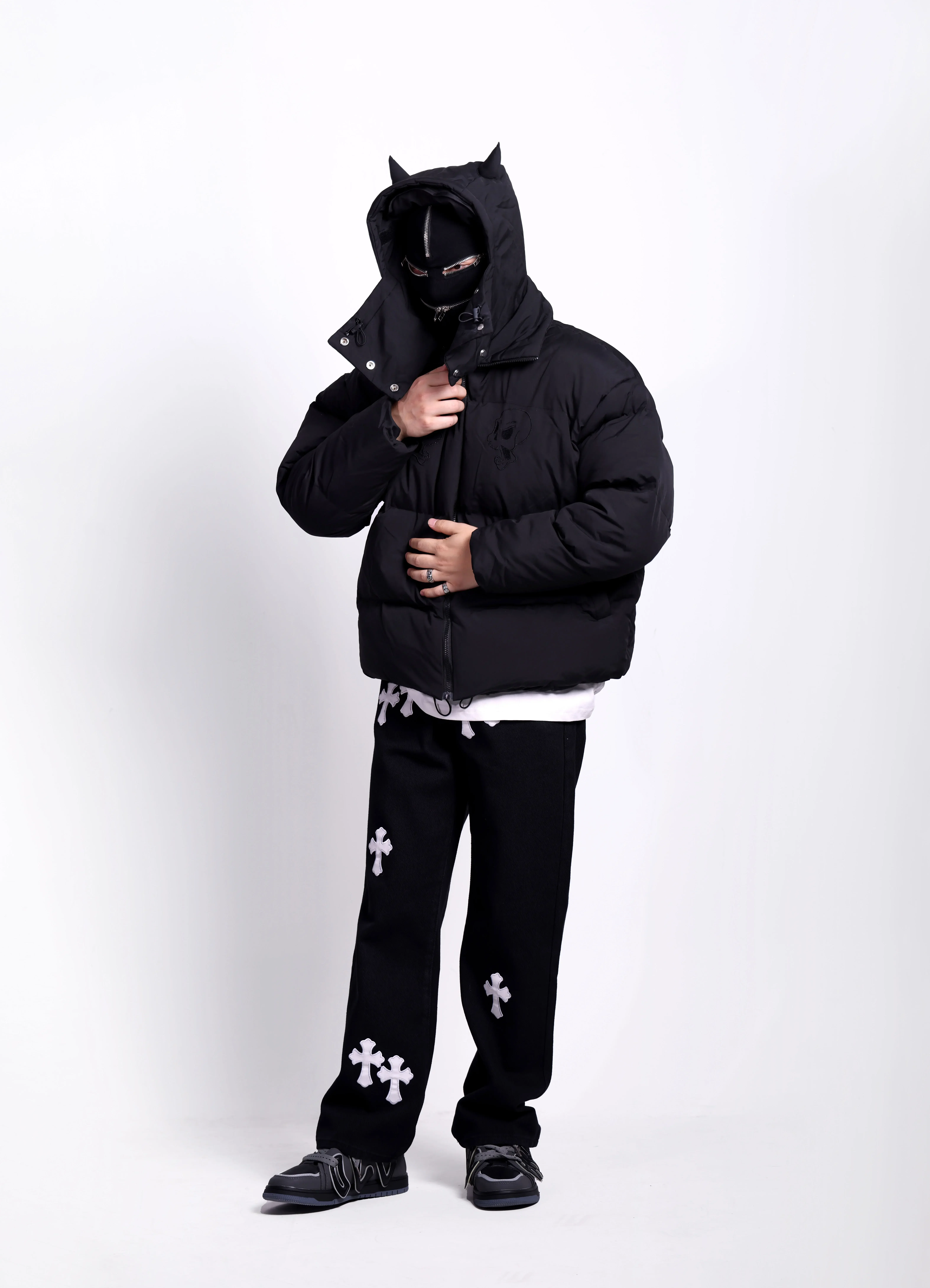 Mens Hip Hop Devil Parka Winter Embroidey Skull Jacket Punk Street Hooded Padded Jacket Y2k Harajuku Warm Thick Coat parka coat parkas coat