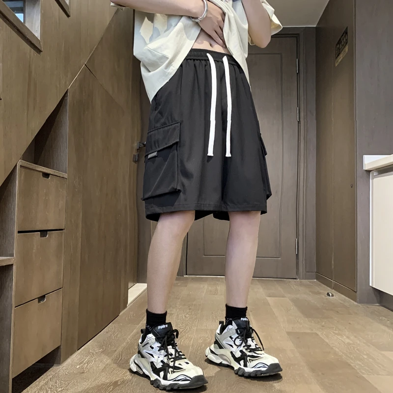 Men's Summer Solid Elastic High Waisted Pockets with Letter Print Casual Loose Sportswear Trousers Fashion Vintage Shorts Pants