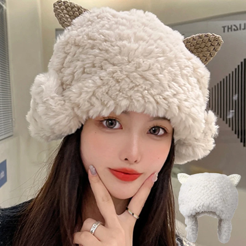 

New Winter Cute Ear Bucket Hat Women Warm Korean Fashion Lamb Wool Bucket Hat Outdoor Panama Cap Men Sheep Ear Fisherman Cap