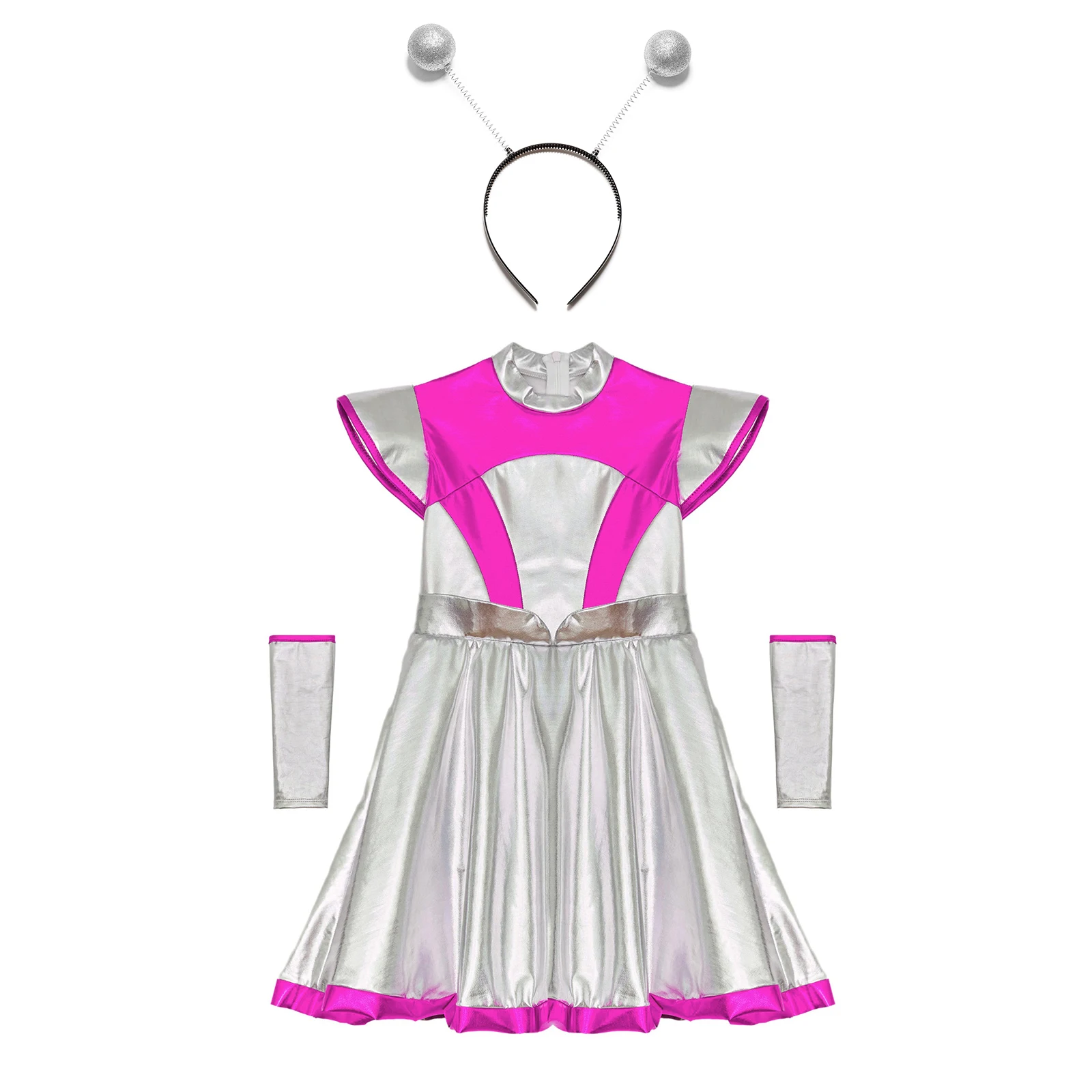 Girls Alien Costume Outer Space Cosplay Suit Metallic Sleeveless Dress with Arm Sleeve Hair Hoop Halloween Space Man Outfit