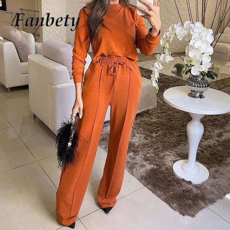 

Autumn Solid O-Neck Tee Shirts And Elastic Waist Trousers Suits Casual Women Streetwear Long Pants Outfits Ladies Two Piece Sets