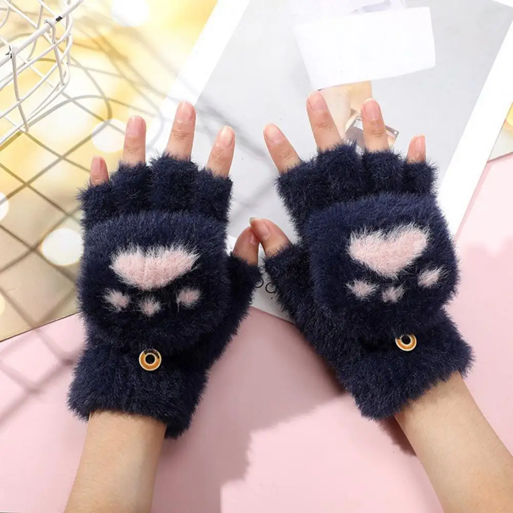 

Half-finger Gloves Cozy Adorable Cat Paw Winter Gloves for Women Soft Plush Anti-slip Washable Five Finger Knitted for Warmth