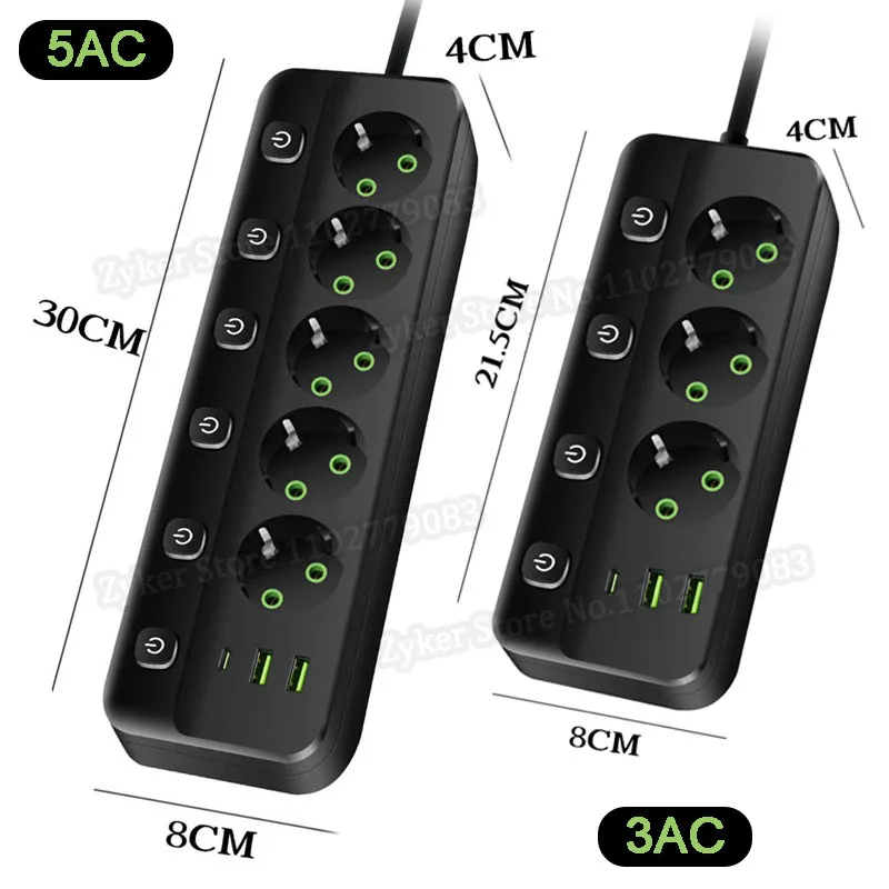 EU Plug Electrical Socket with 3/5 AC Outlets 2 USB Ports + 1 Type C 6/8-in-1 Plug Socket Adapter 2M Power Strip for Home Office