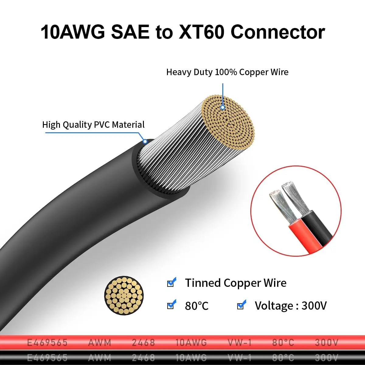 10AWG XT60-SAE 커넥터 연장 케이블(휴대용 발전소, 태양광 패널, 태양광 발전기용 SAE 극성 역전 어댑터 포함)
