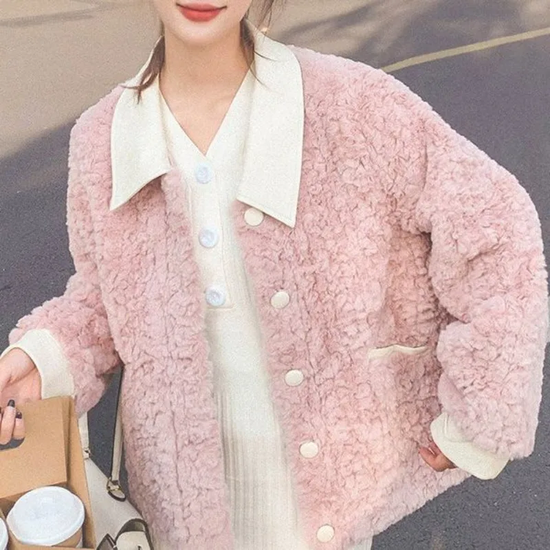 Autumn Winter New 2024 Streetwear Fashionable Lambswool Coats Women's Maillard Short Top Plush Jacket Padded Warm Blouse Outwear