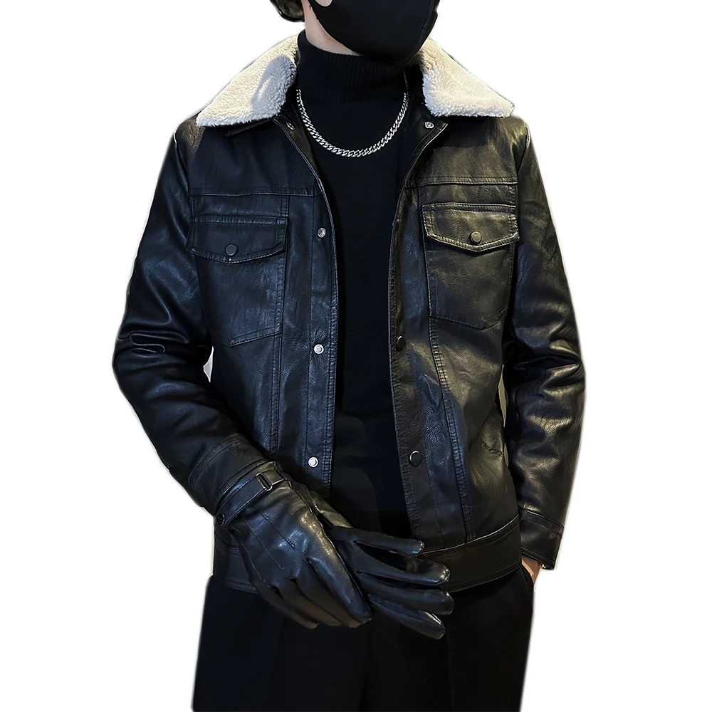 Men's Lapel Luxury Leather Jacket Korean Edition Fashion Personalized Slim Fit Jacket Lamb Fleece Warm Men's Leather Jacket