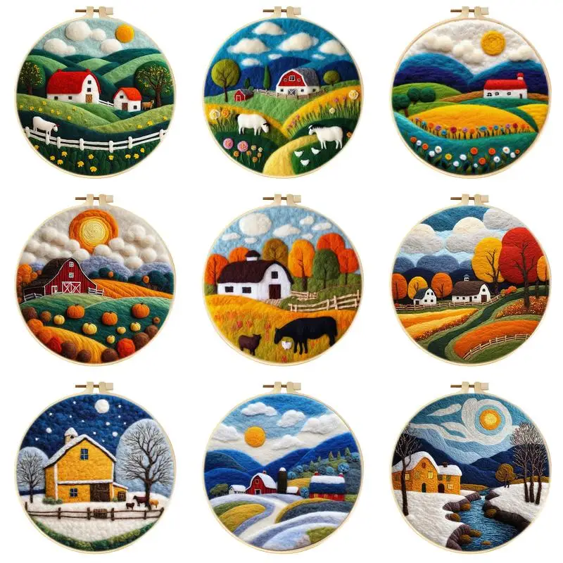 House Scenery Painting Kit Funny Wool Needle Felt Picture Handmade Wool Needle Painting Adults DIY Home Decor