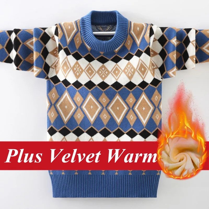 

Kids Super Warm Sweaters Fashion Retro Pattern Design Children's Knitted Pullovers Lined Fleece For Boys 4-15 Years Wear