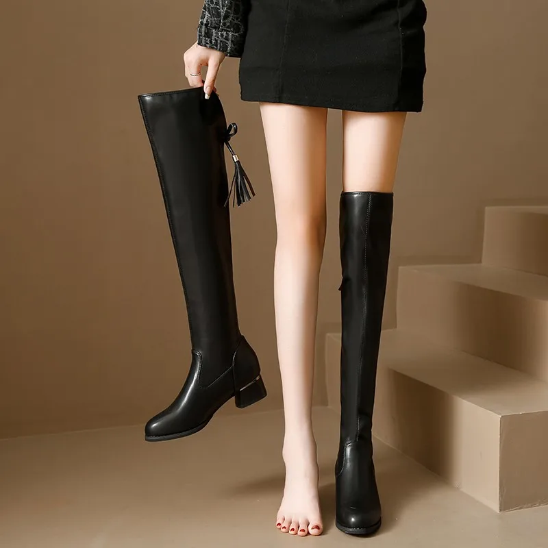 Women Leather Elastic Boots Ladies Plush Long Boot Autumn Winter Thick Heels Over The Knee Boots Slip on Botas New Plus Size 41