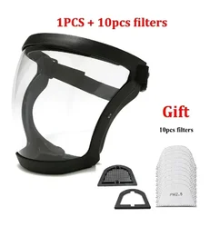 Transparent Full Face Shield Mask - Windproof, Dustproof, Anti-Fog Safety Visor (Black with 10Filters)