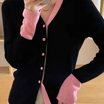 가을 니트 가디건 소녀 패치워크 긴팔 스웨터 셔츠, 여성 대비 색상 니트 탑