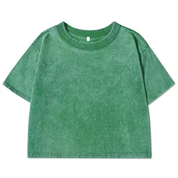 Solid Slim Washed Cotton Retro Crop T-Shirt - S (Green)