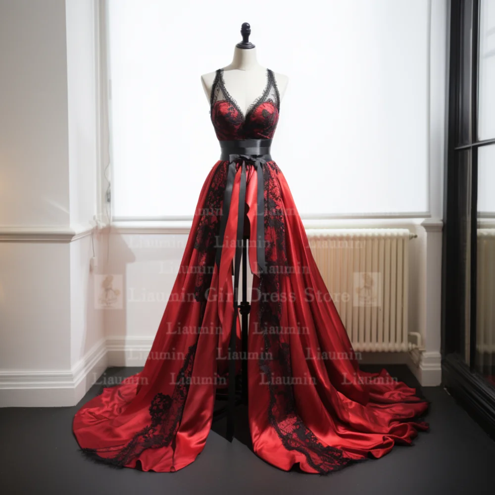 Custom Red Satin and Black Lace Edge Applique Strapless Full Length Lace Up Back Evening Dress Brithday Elagant Clothing  W1-15