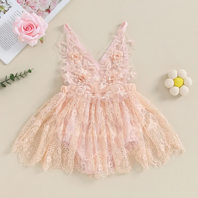 

Summer Infant Baby Girl Sleeveless Romper Lace Dress V Neck Floral Embroidery Bodysuit Jumpsuit For Newborn Clothes