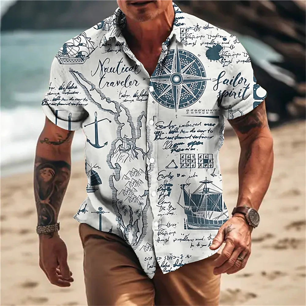 

Men'S Shirts 2023 Sailing Compass Summer Fashion Short Sleeve Hawaiian Shirts Man Vintage Street Shirt For Men Top Male Clothes