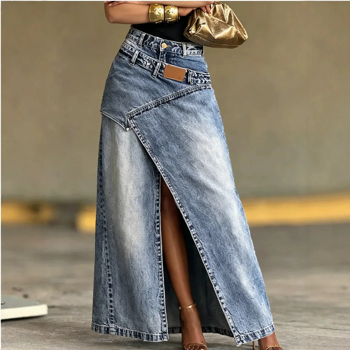 Spring Autumn New Skirt for Women High Waisted Irregular Slit Streetwear Casual Denim A-Line Long Skir Fashion Street Outfit