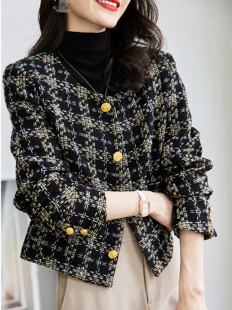 

High-Quality Women's Autumn And Winter Small Fragrance Tweed Coat Ladies Temperament Black Plaid Woolen Outerwear