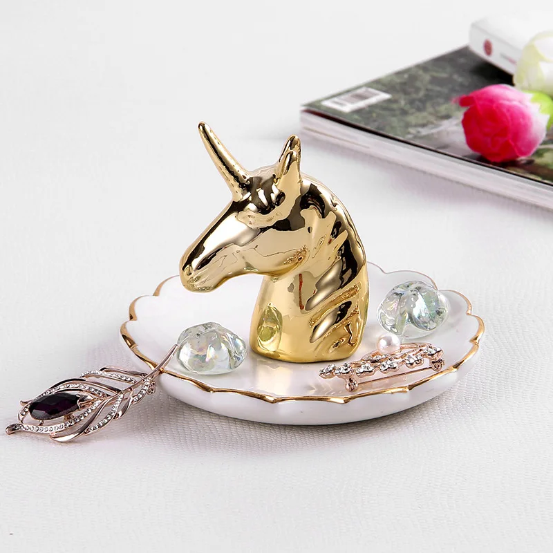 Exquisite European Style Ceramic Animal Bowls/Plates/Trays for Jewelry Storage with Golden Horse and Rabbit Design 3