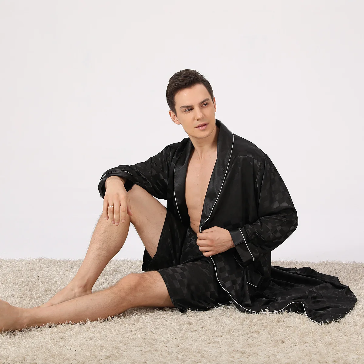 Luxury Men's Silk Robe 3XL Long Sleeve Sleepwear Bathrobe & Shorts 2Pcs/Set Satin Nightgown Summer Home Clothing Male Loungewear