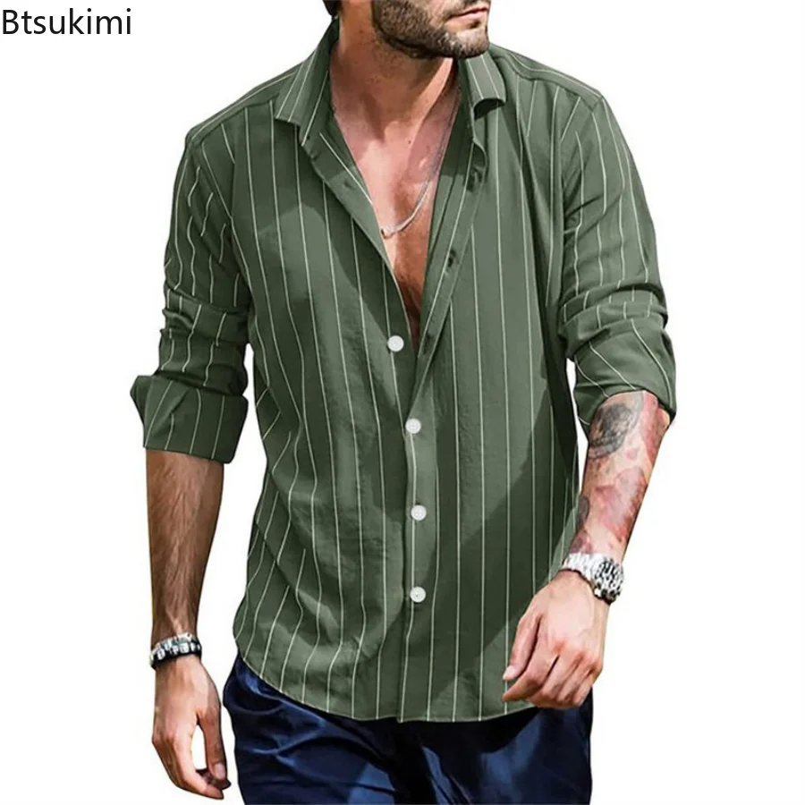 

New Spring Summer Casual Stripe Shirts Men Fashion Long Sleeve Turn Down Collar Print Soft Breathable Blouses Tops for Men 3XL