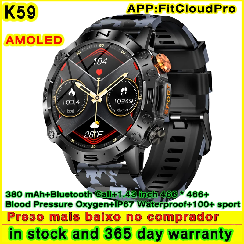 

Мужские Смарт-часы K59 AMOLED 1,43 дюйма 380 мАч фитнес-трекер с циферблатом Bluetooth звонки пульсометр IP67 водонепроницаемые 100 + спортивные Смарт-часы