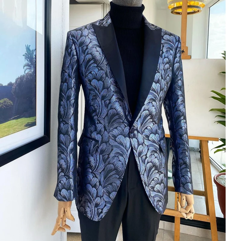 

Blue Jacquard Men Suits for Wedding Party 2 Piece Custom Made Peaked Lapel Slim Fit Fasion Groom Tuxedo (Jacket + Pants) 2023