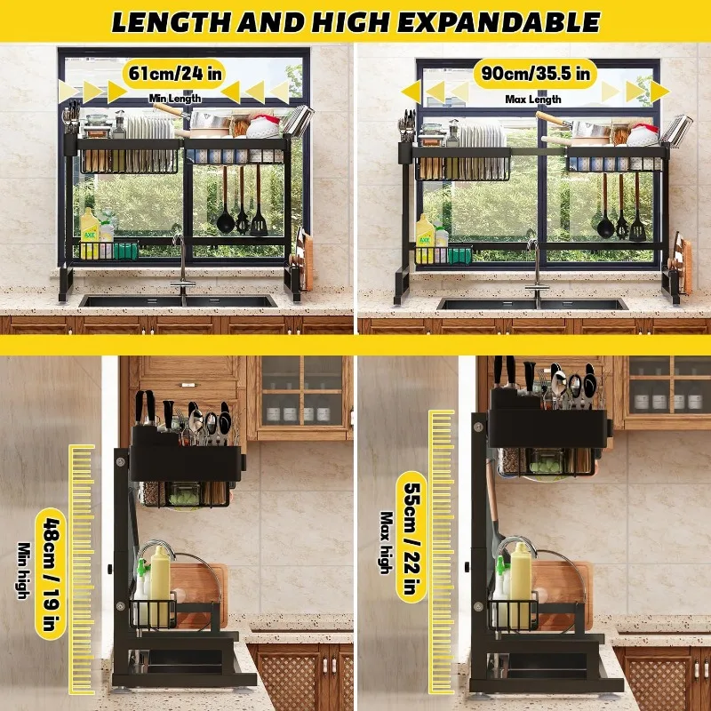 Over Sink Dish Drying Rack Snap-On Design Large Dish Drainer Storage24" - 35.5"(L) x 12"(W) x 19" - 22"(H) 3
