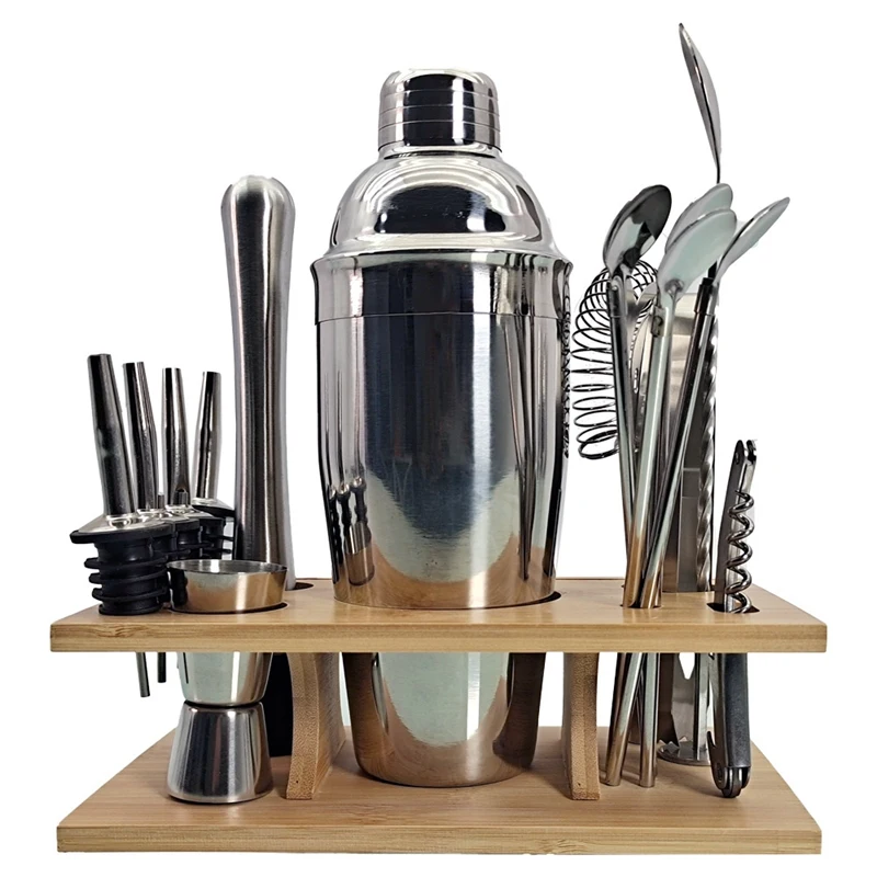 

16 Pcs Cocktail Shaker Set Jigger Mixing Spoon Tong Barware Bartender Tools With Wood Storage Stand Bars Mixed Drinks