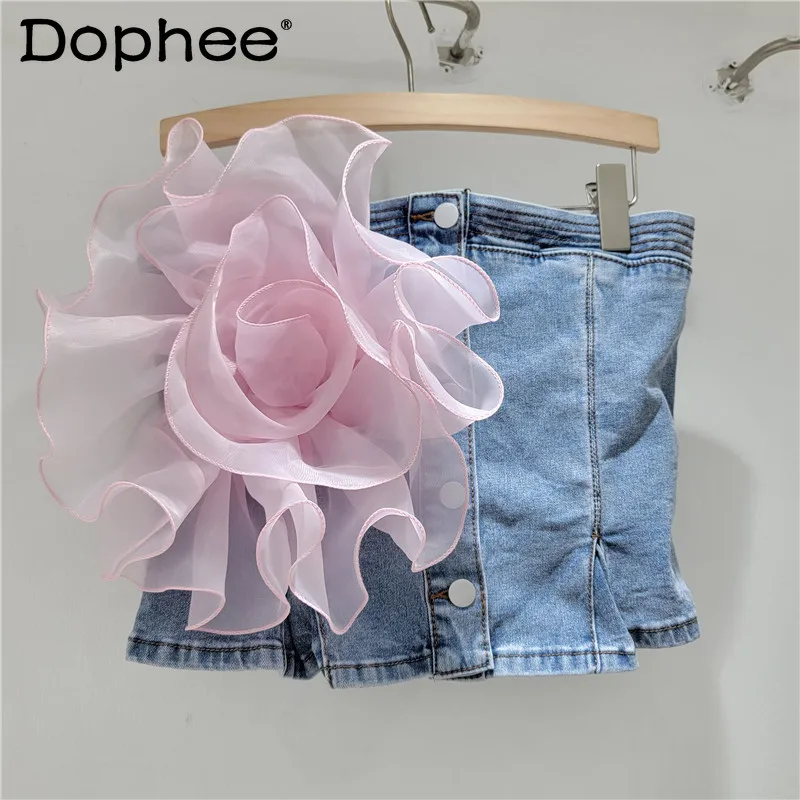 

Three-Dimensional Flower Hot Girl Style Sexy Tube Top 2024 Summer New Slim-Fit Off-Neck Strapless Denim Vest Crop Top Women