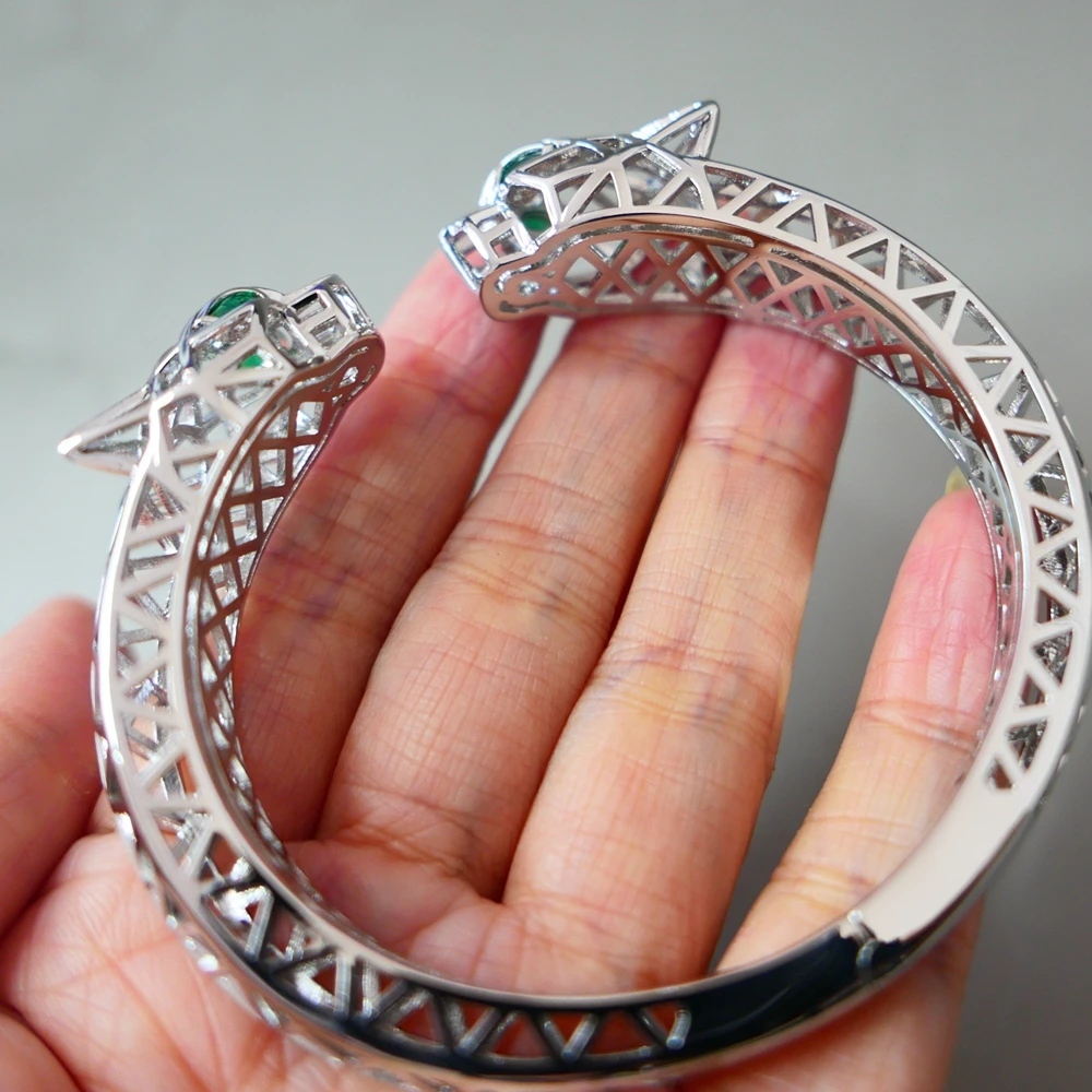 Luxuri Hollow out Double Head Leopard Bracelet Zircon Stone Animal Panther Cuff Bangle For Men or Women Designer Copper Jewelry