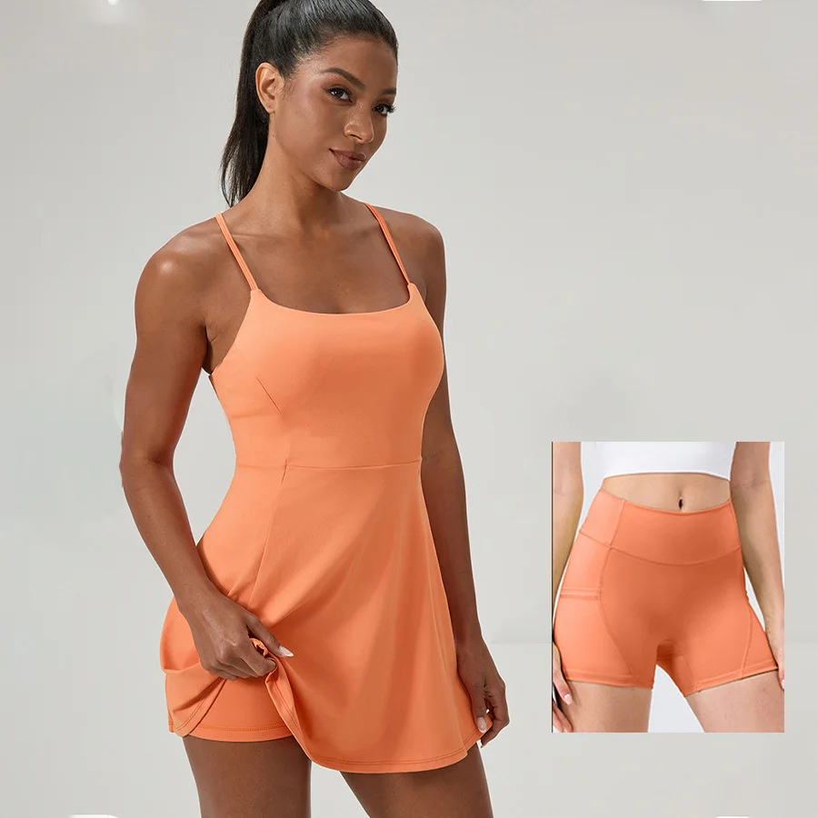 Women&rsquo;s Sleeveless Tennis Dress Cross Backless Golf Long Skirt Shorts Two Pockets Training Dancing Quick Dry Sport Long Dress