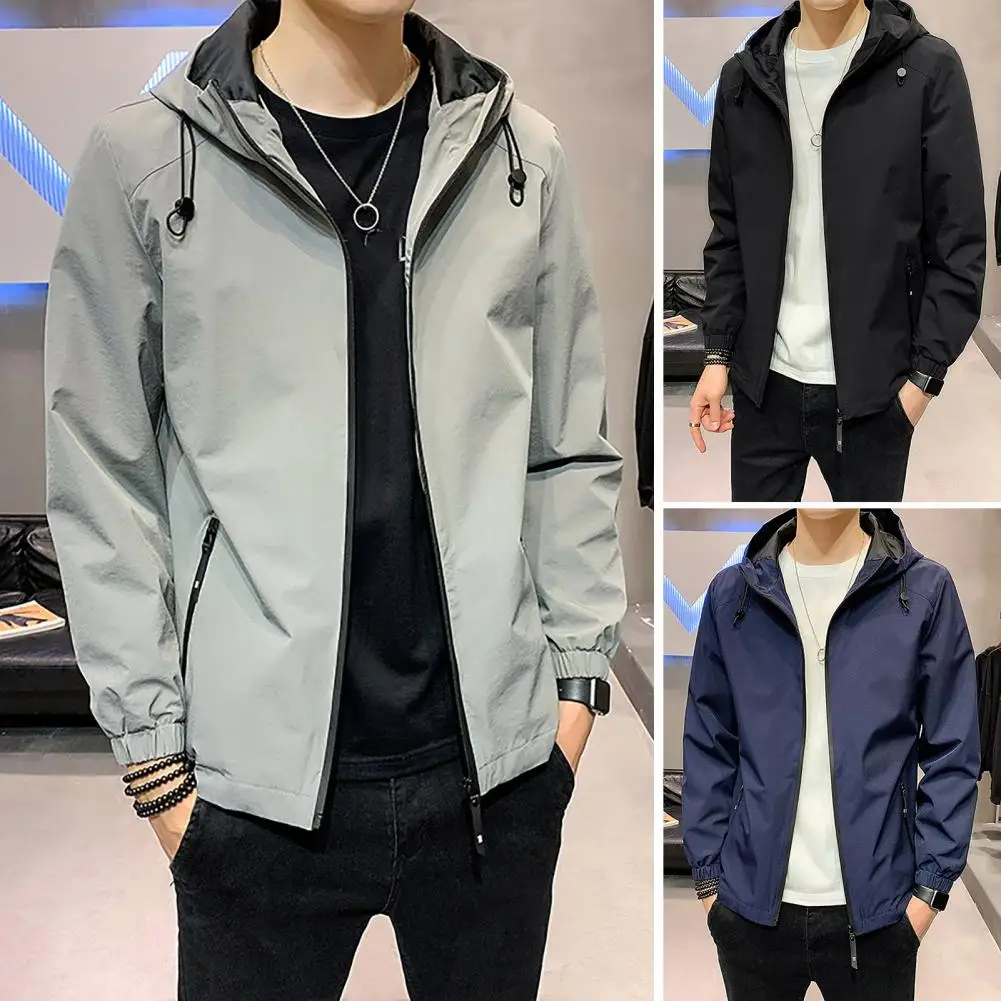 

Cold Weather Men Coat Versatile Men's Mid Length Jacket with Hood Zipper Pockets Elastic Cuff Stylish Spring/fall Coat for A