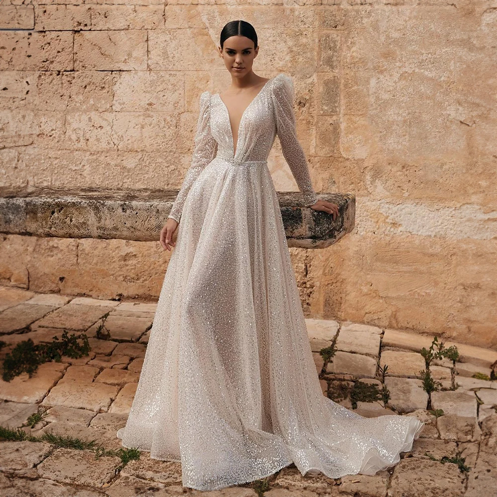 

Deep V-neck Sequins Sparkly Long Sleeve Wedding Dresses for Bridal A-line Court Belt Illusion Wedding Party Gown vestidos
